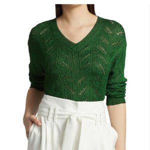 ELIE TAHARI High Shine Crochet V-neck Sweater In Tequila Green M